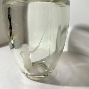 Very Heavy Thick Glass Vase with Etched Boy and Fishing Pole. (C) Beautiful.